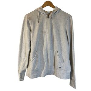 FREE2B Womens Full Zip Light Gray White Sweatshirt Hooded Finger Holes Pockets